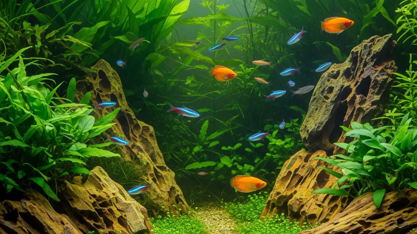 A planted freshwater aquarium