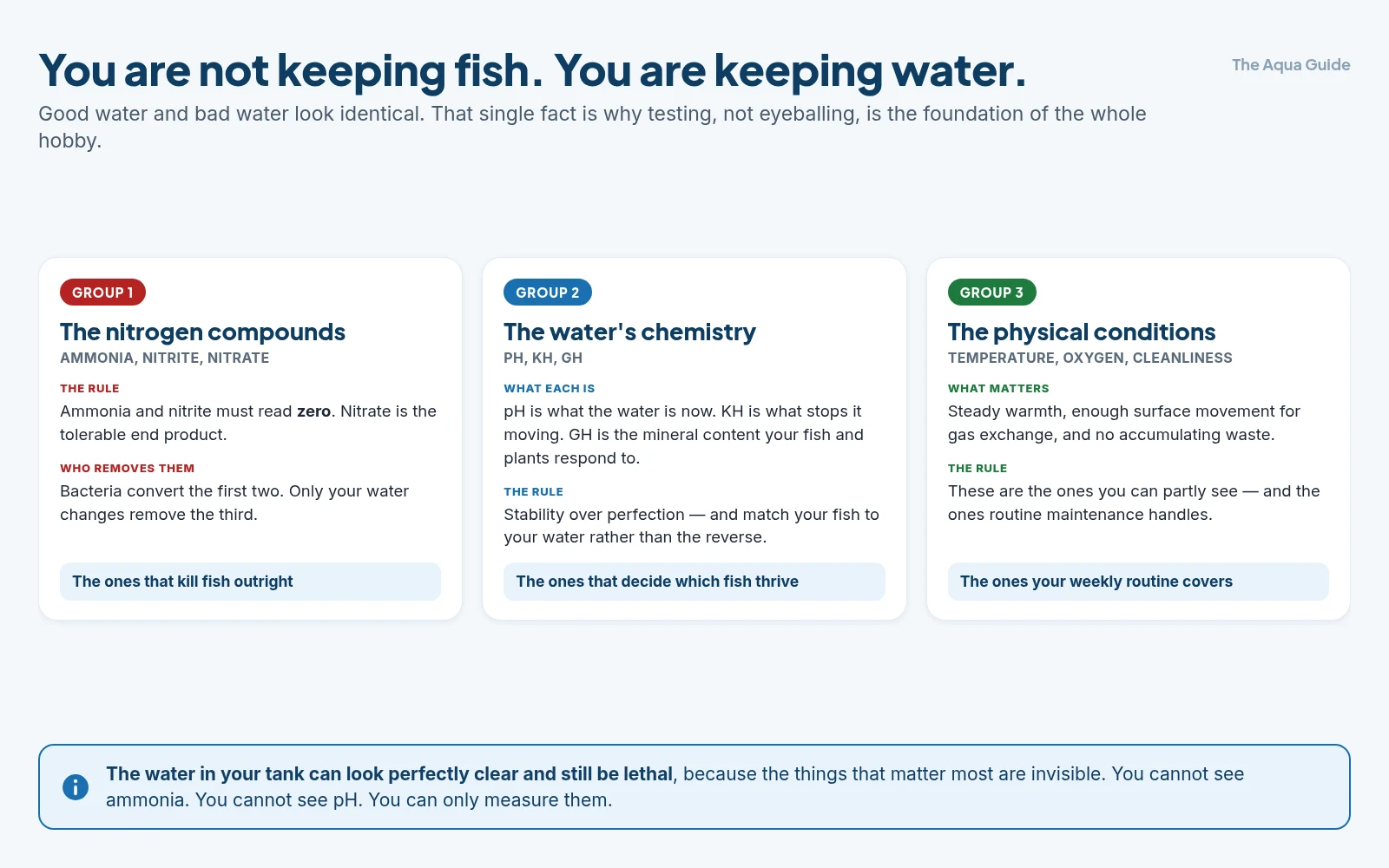 The three groups that make up aquarium water quality: the nitrogen compounds ammonia nitrite and nitrate, the water chemistry of pH KH and GH, and the physical conditions of temperature oxygen and cleanliness