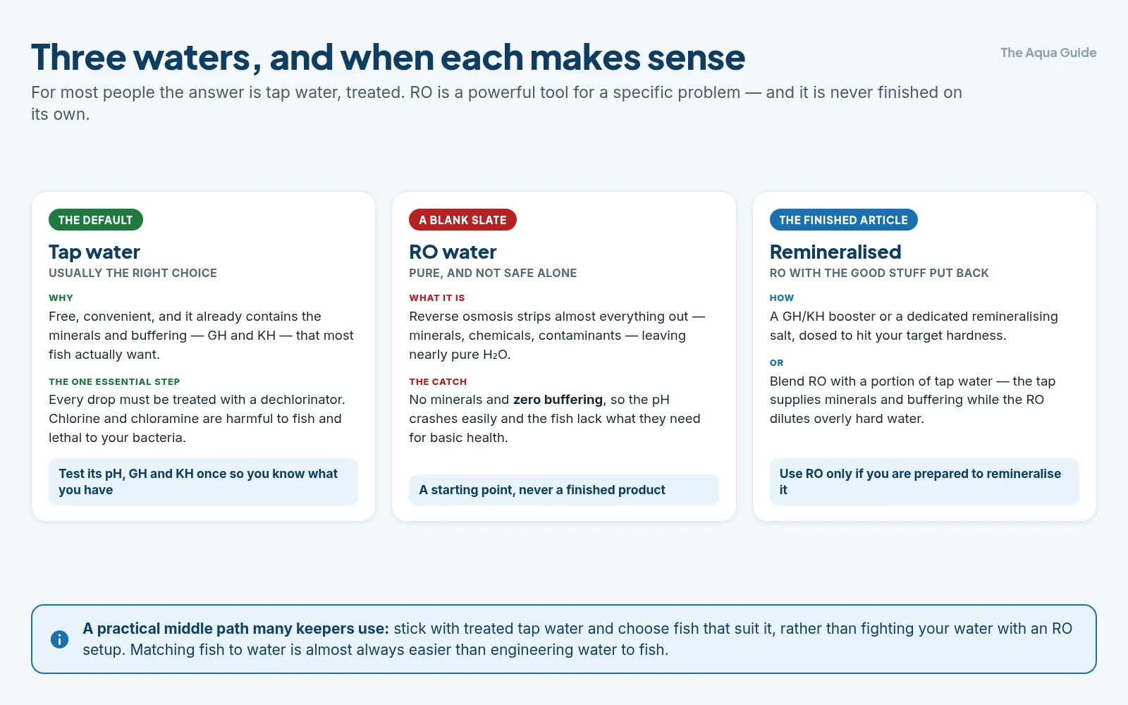 Tap water, RO water and remineralised water compared: tap is the default and only needs dechlorinating, RO is pure and unsafe on its own because it has no minerals or buffering, and remineralised RO is the finished article