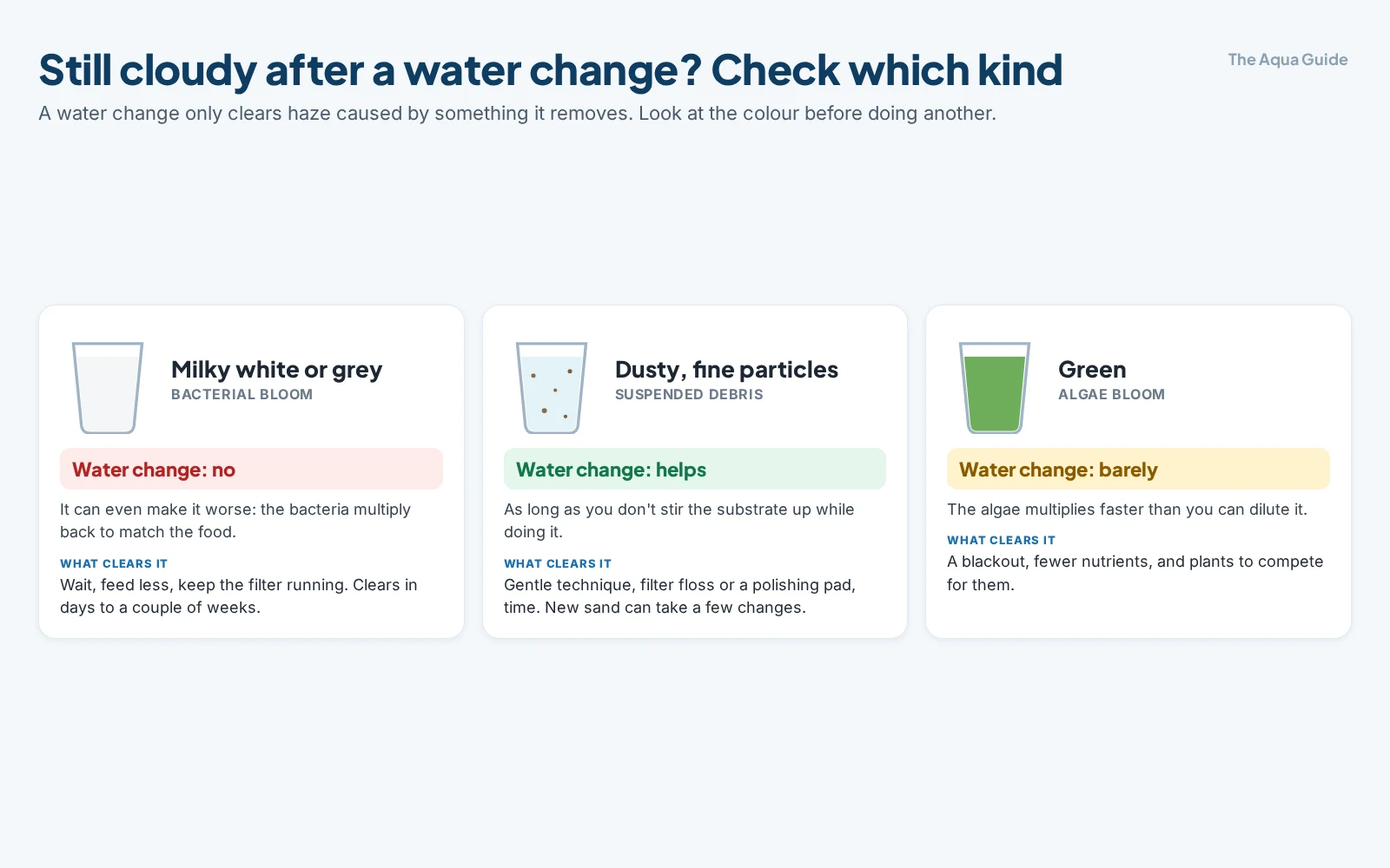 Whether a water change clears cloudy water, by type: milky white or grey is a bacterial bloom, where a water change does not help and can make it worse; dusty fine particles are suspended debris, where it helps with gentle technique; green is an algae bloom, where it barely helps
